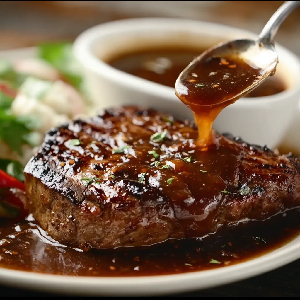 A plate of food with a steak and a bowl of sauce.