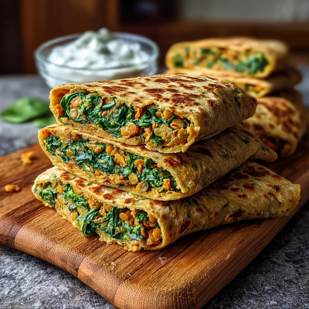 A stack of vegetable wraps on a wooden cutting board.