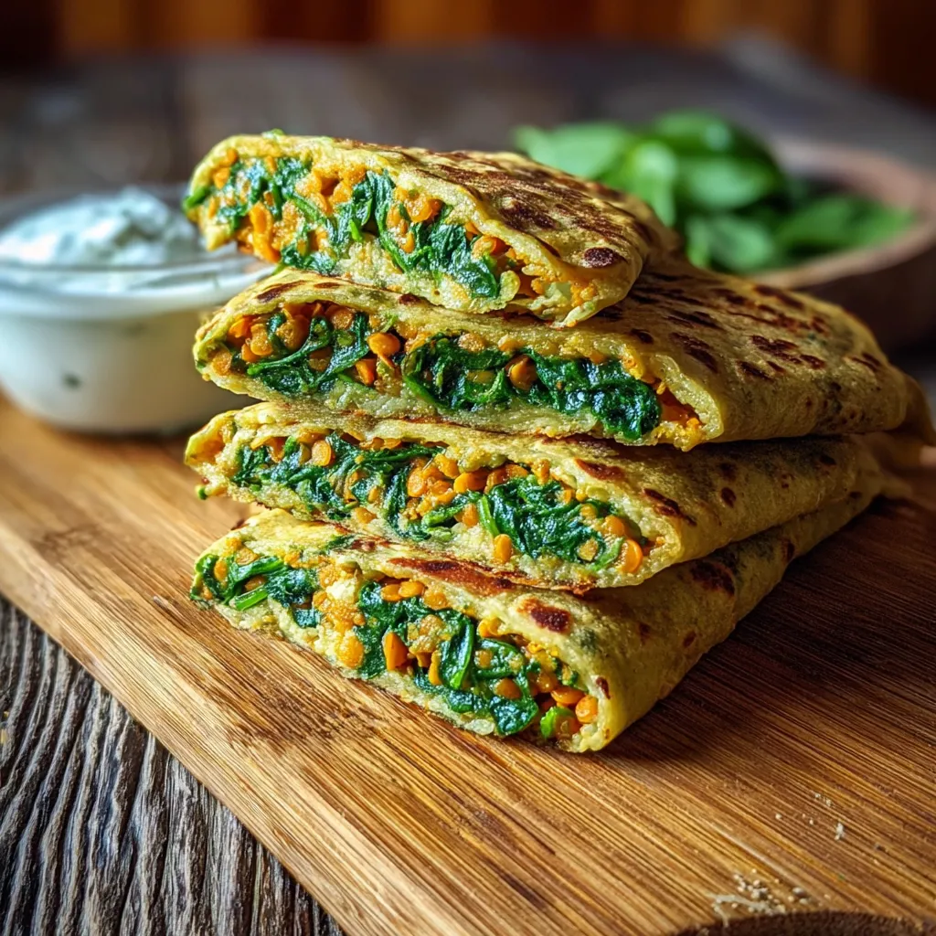 A stack of vegetable wraps on a wooden table.