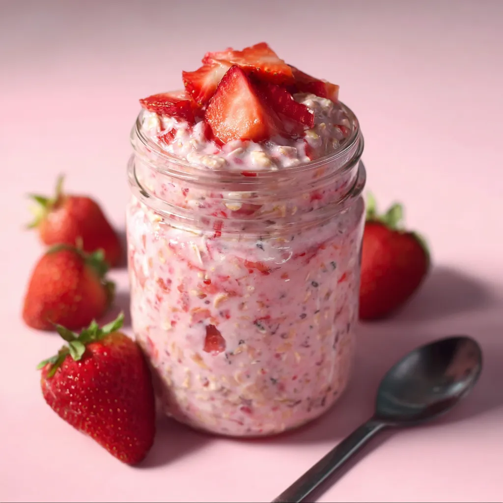 A jar of yogurt with strawberries on top.