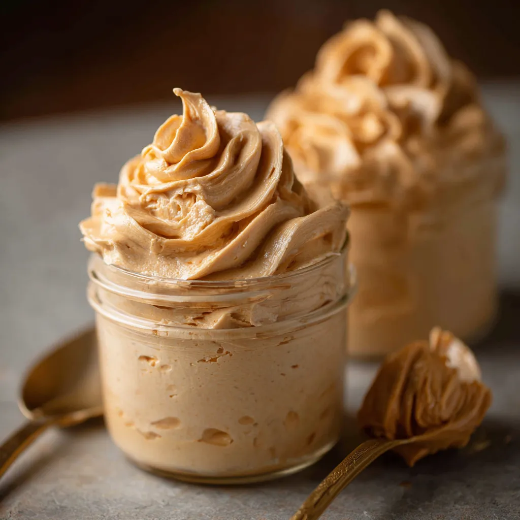 A jar of peanut butter with a spoon in it.