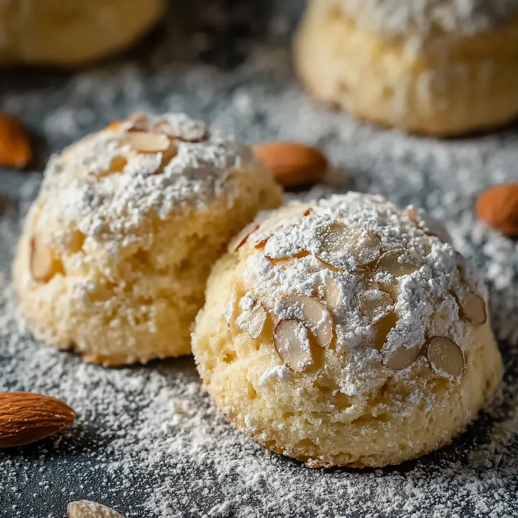 Two white powdered donuts with almonds on a table.