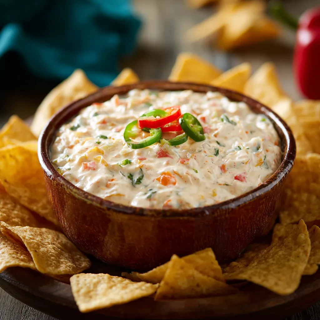A bowl of dip with chips and a red pepper.