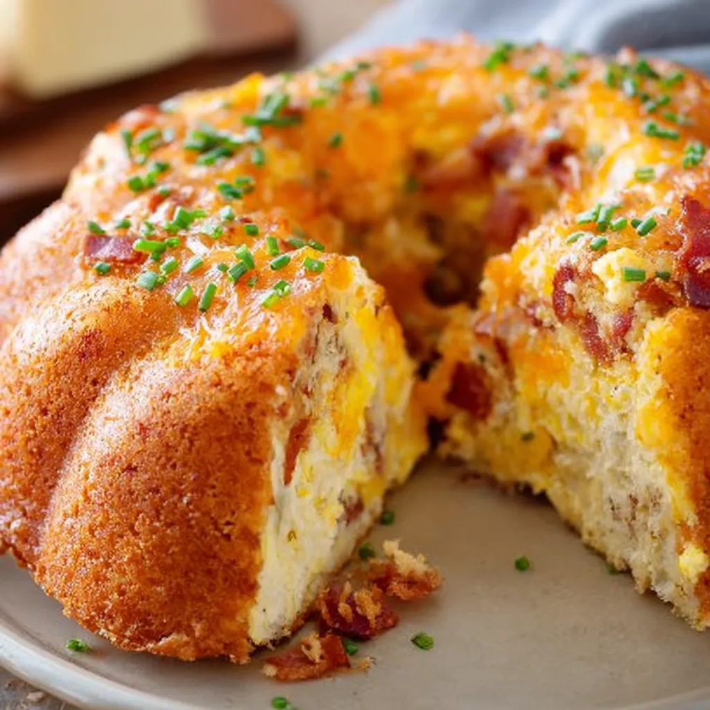 A slice of cake with bacon on top.