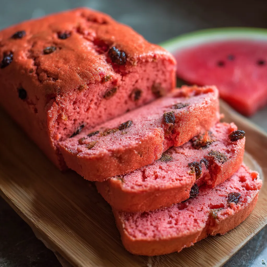A slice of red bread with raisins on a wooden cutting board.