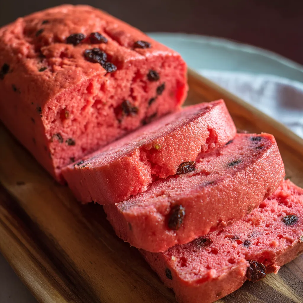 A slice of red cake with raisins.