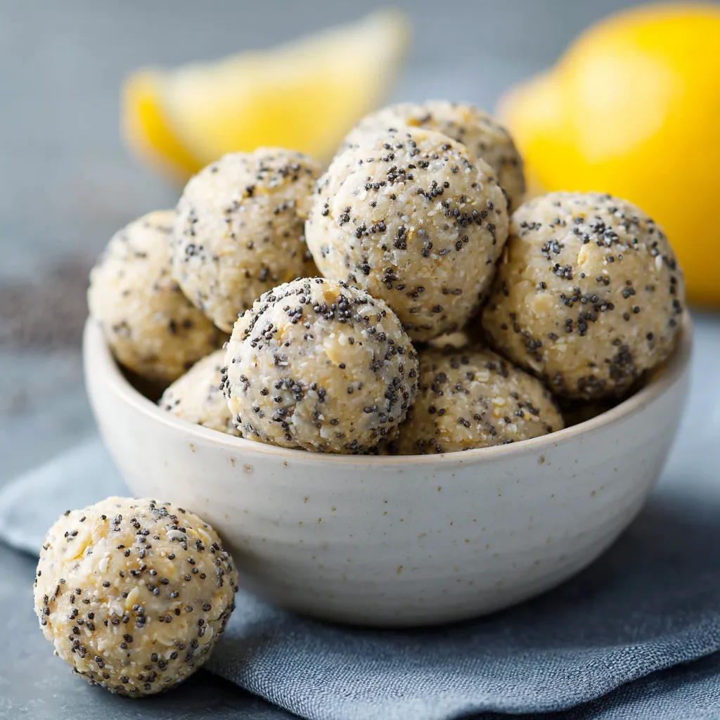 A bowl of granola balls with a lemon wedge on the side.