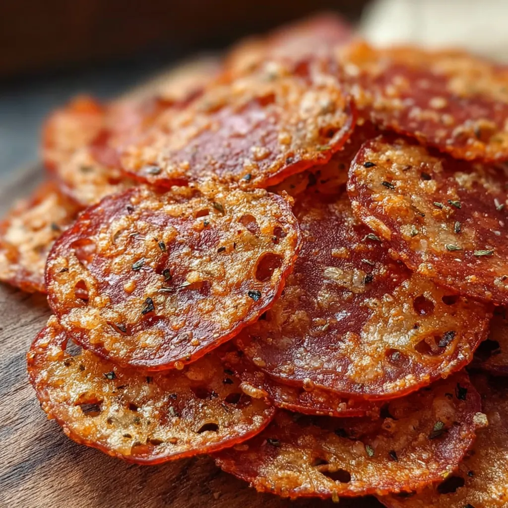 A pile of pepperoni slices on a wooden table.