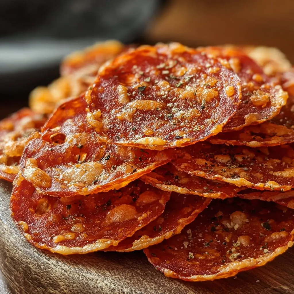 A stack of pepperoni slices on a wooden table.