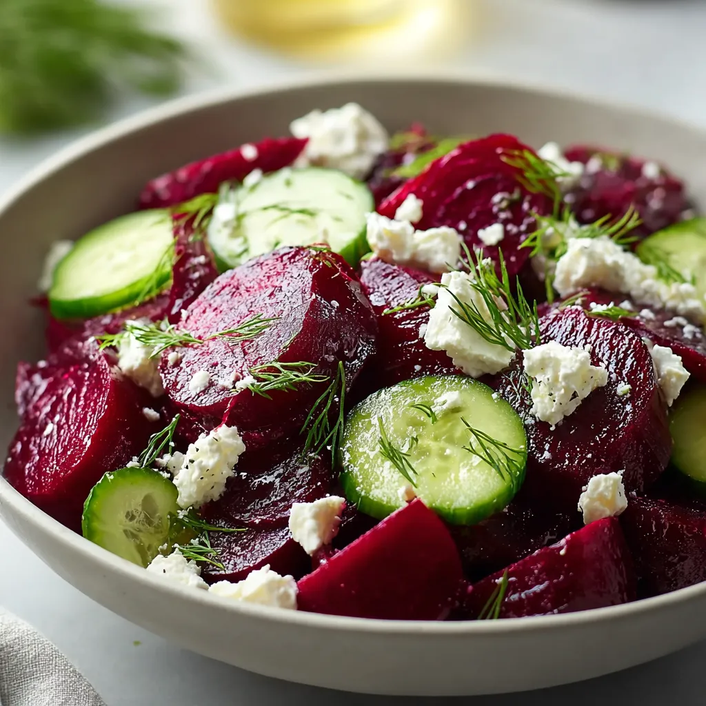 A bowl of food with cucumbers and cheese.