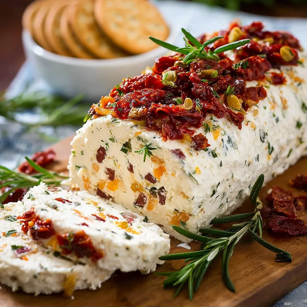 A cheese and vegetable dish on a wooden cutting board.