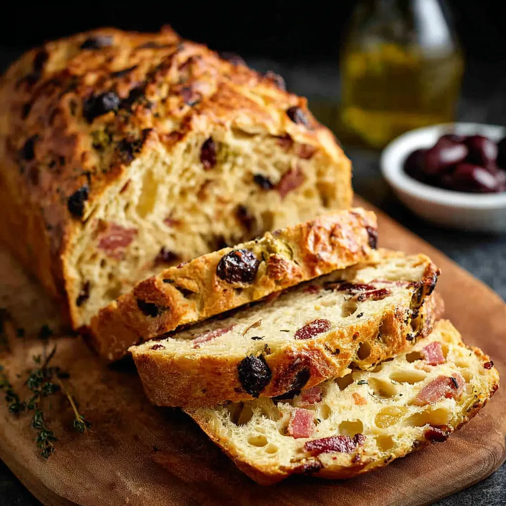 A loaf of bread with olives on top.