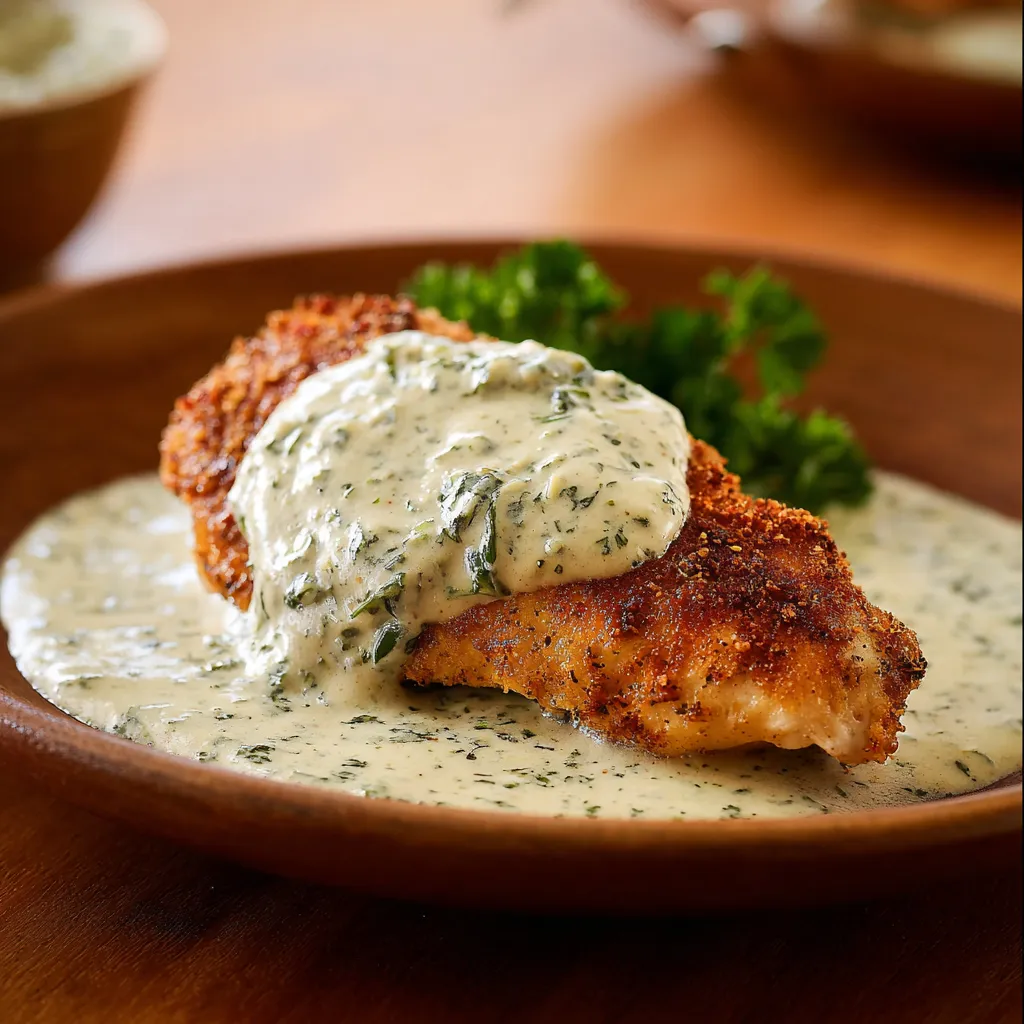 A piece of chicken with sauce on it.
