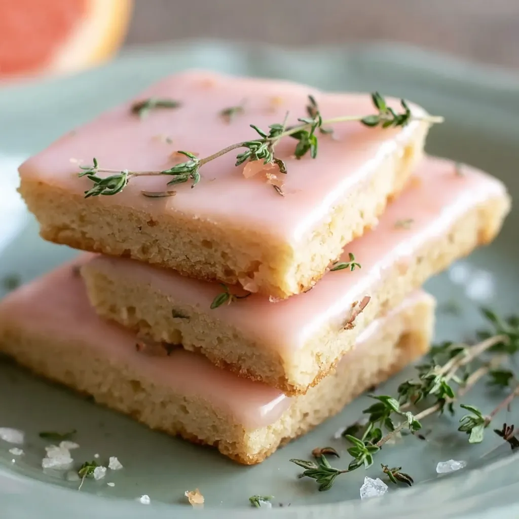 A stack of three pink cake bars with herbs on top.