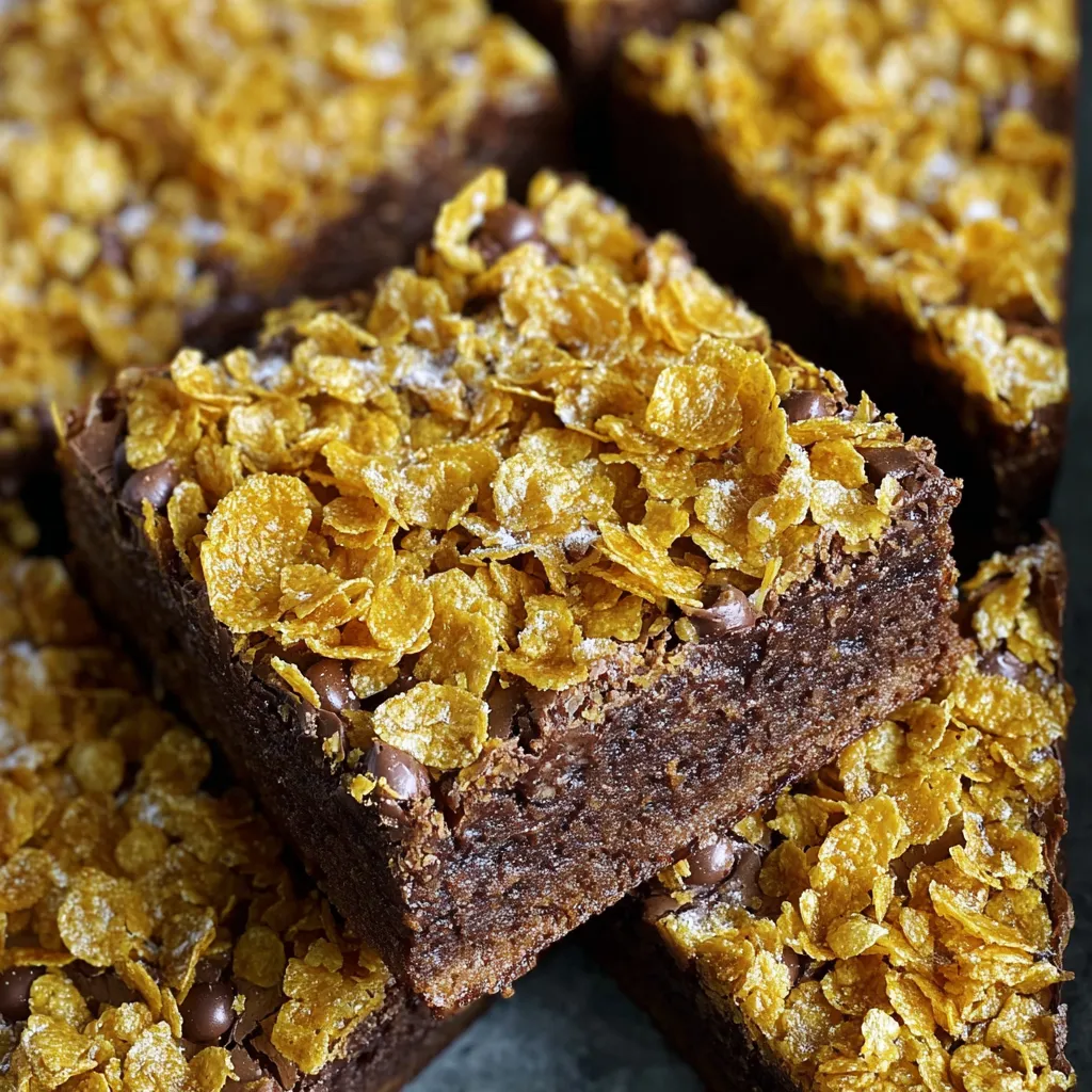 A square of chocolate cake with cereal on top.