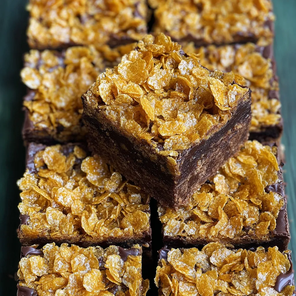 A square of chocolate cake with a square of cereal on top.