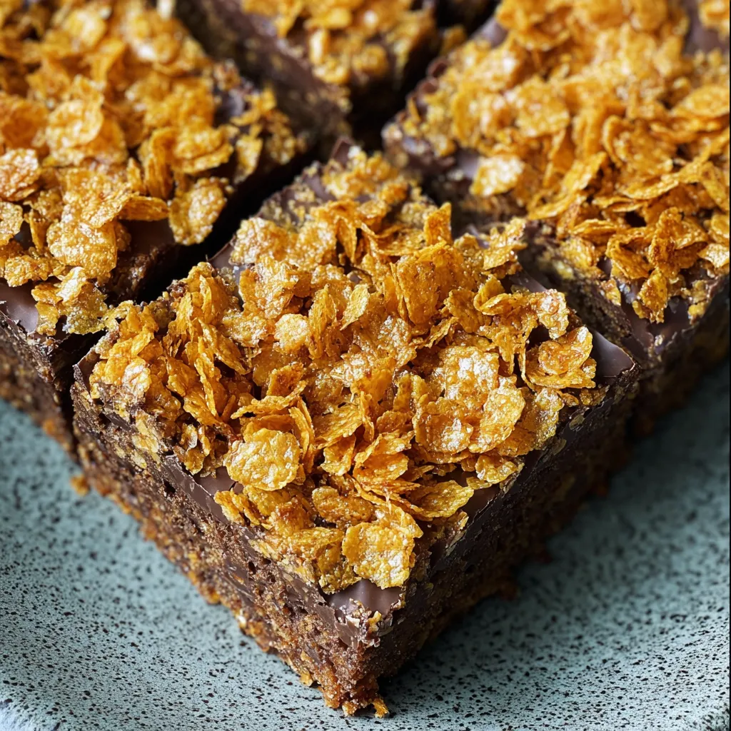 A square piece of cake with crispy cereal on top.