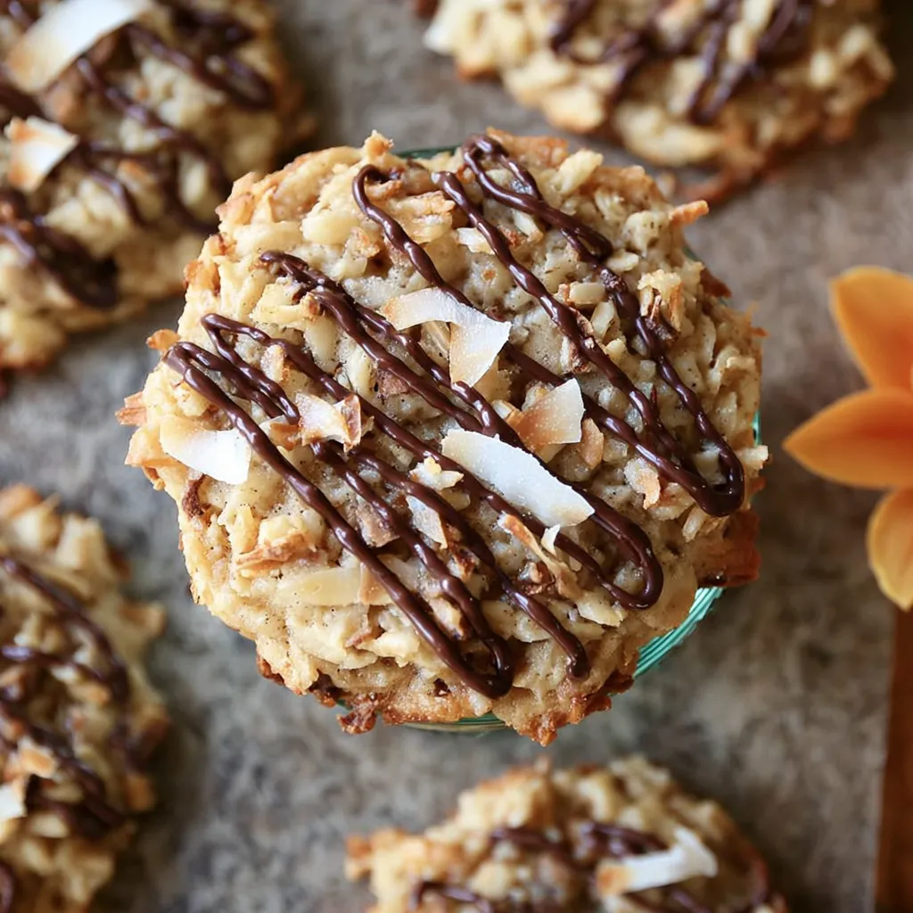 A close up of a cookie with chocolate and coconut.
