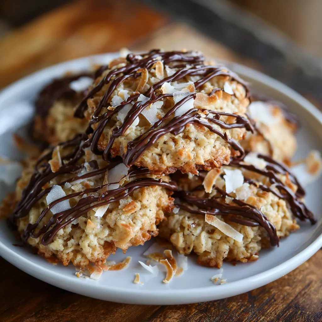 A plate of cookies with chocolate drizzled on top.