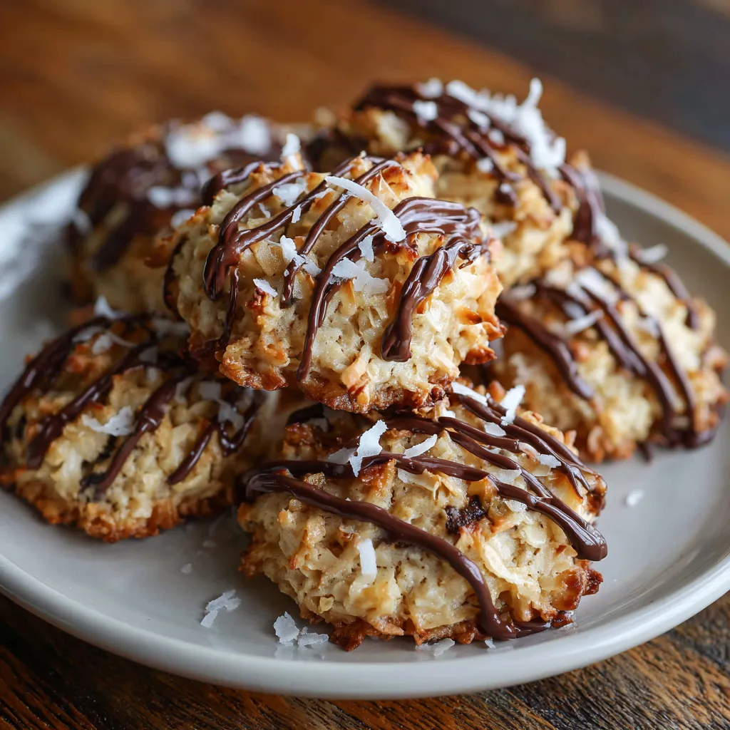 A plate of cookies with chocolate drizzle.