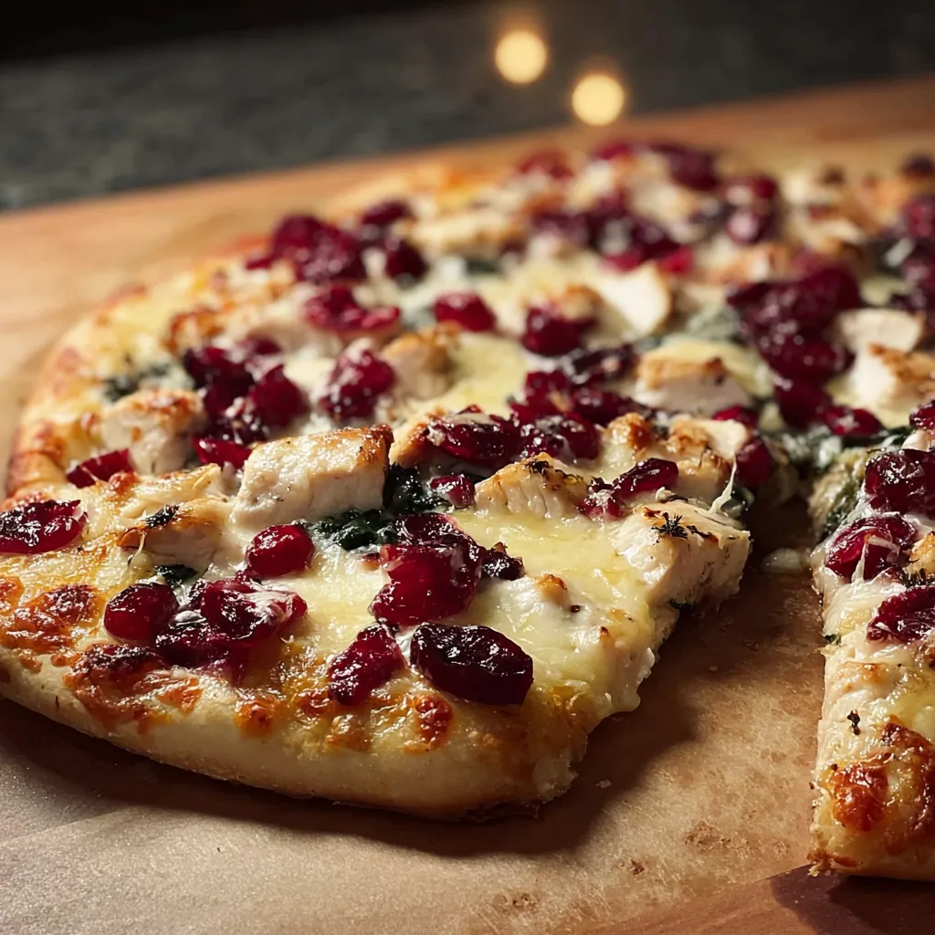 A pizza with chicken and cranberries on a wooden board.