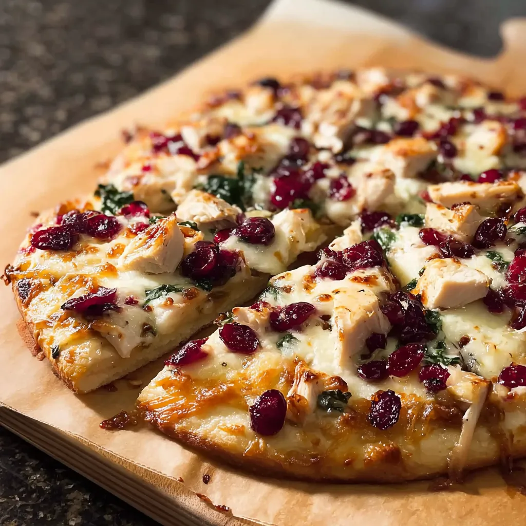 A pizza with chicken and vegetables on a wooden board.