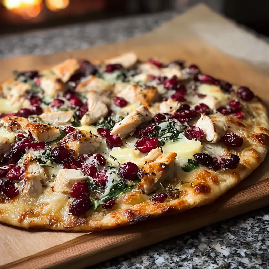 A pizza with chicken and cranberries on a wooden board.