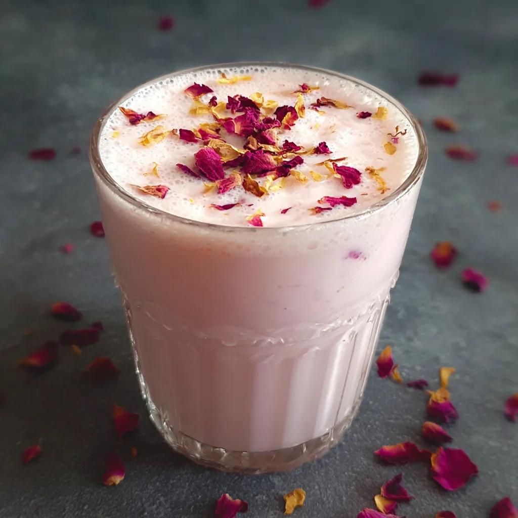 A glass of pink drink with rose petals on top.