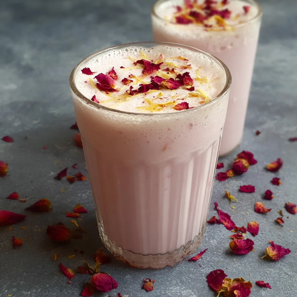 Two glasses of pink drink with rose petals on the table.