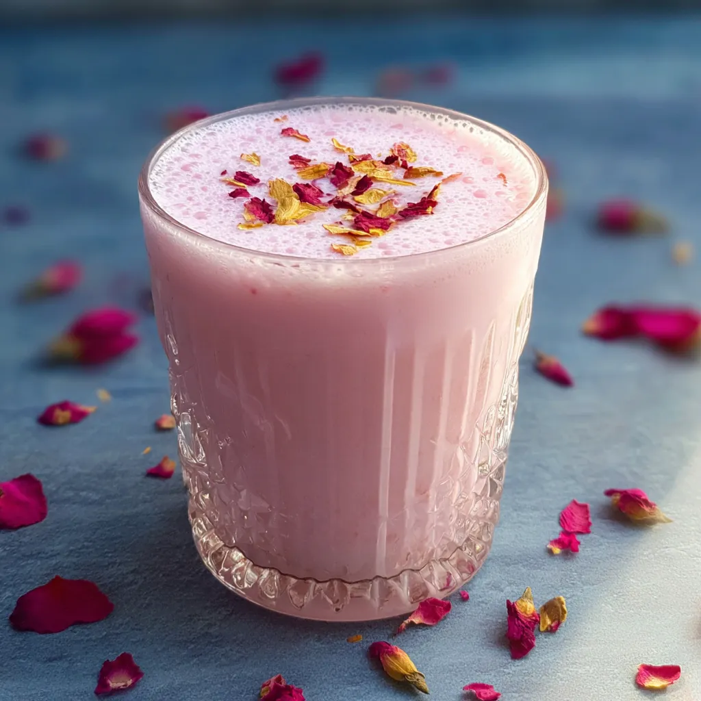A glass of pink drink with rose petals on top.