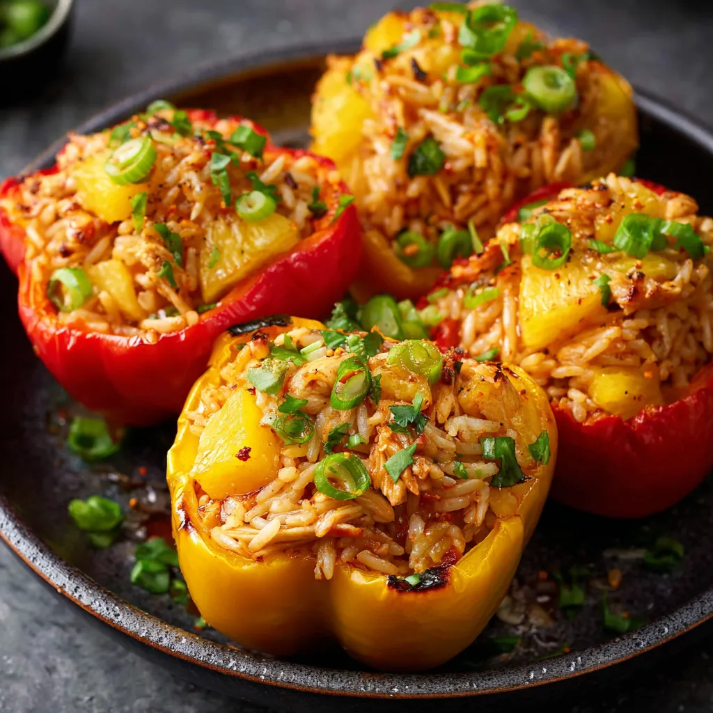 A plate of food with peppers and rice.