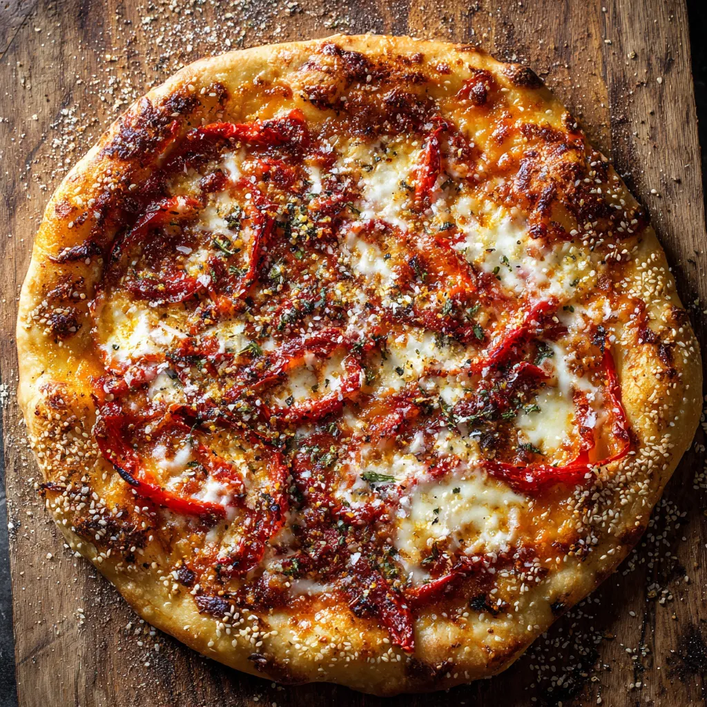 A pizza with red peppers and cheese.