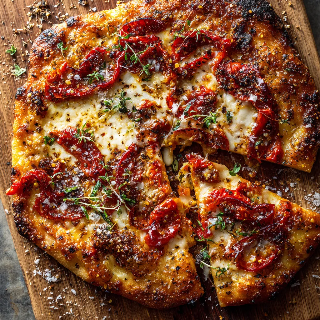 A pizza with red peppers and cheese.