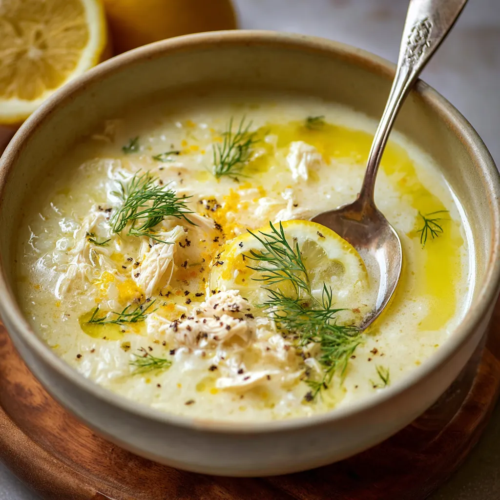 A bowl of soup with lemon wedges and a spoon.