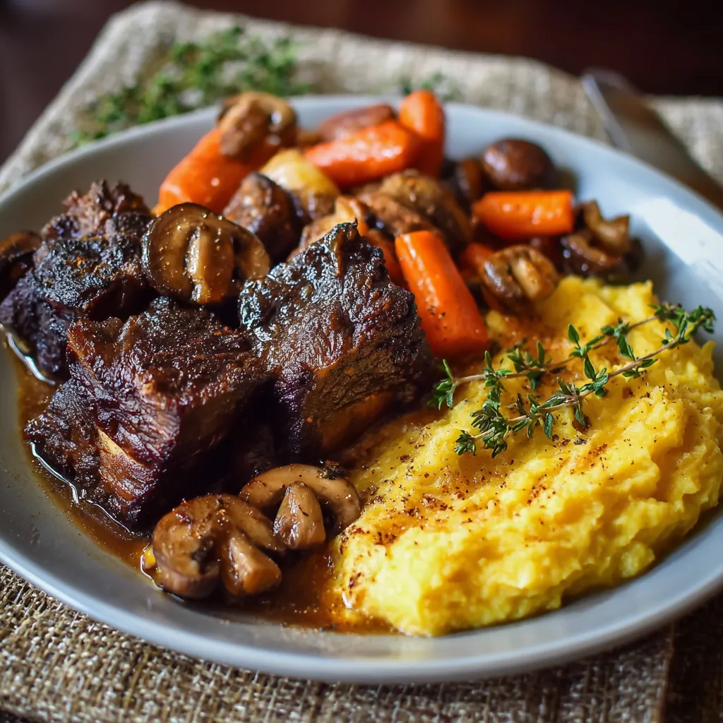 A plate of food with meat, mushrooms, and carrots.