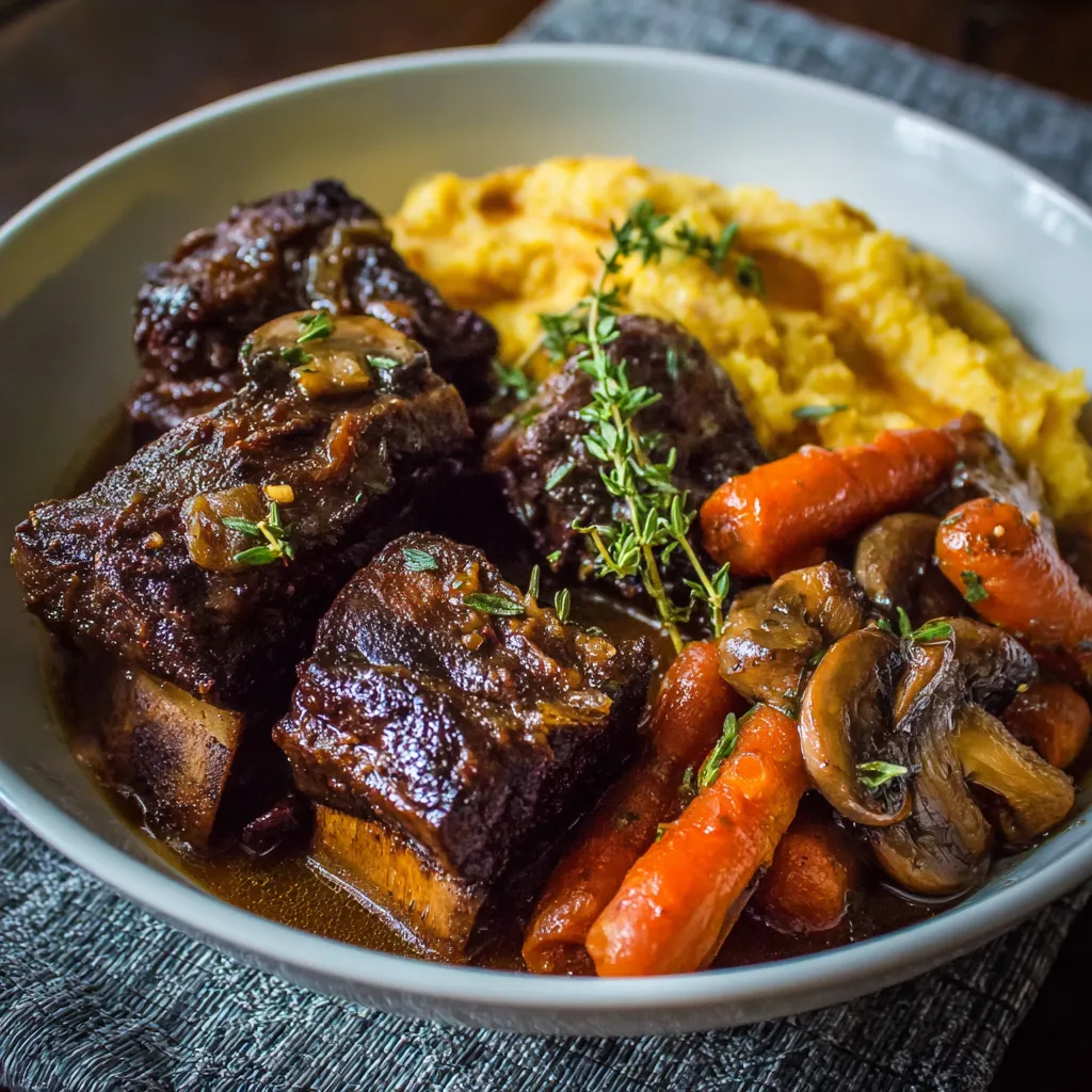 A plate of food with meat, mushrooms, and carrots.