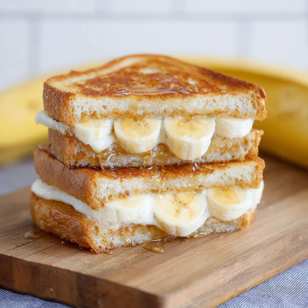 A stack of banana bread sandwiched with bananas.