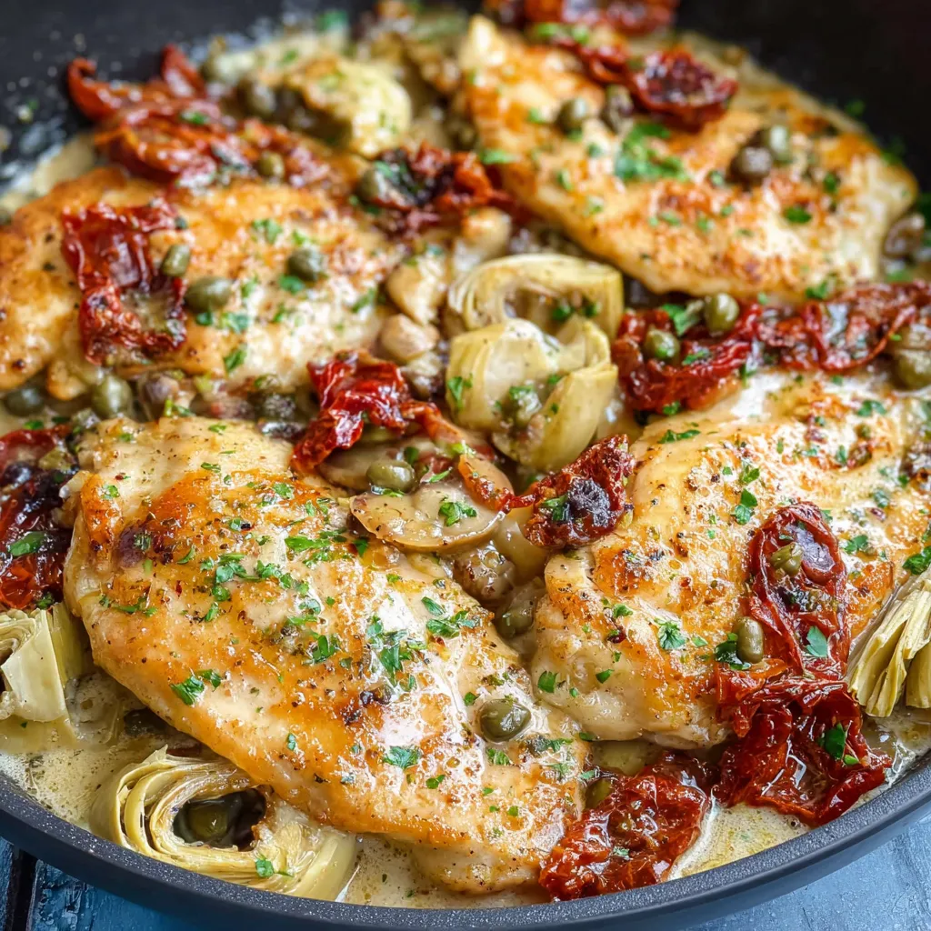 A pan of chicken with peppers and mushrooms.