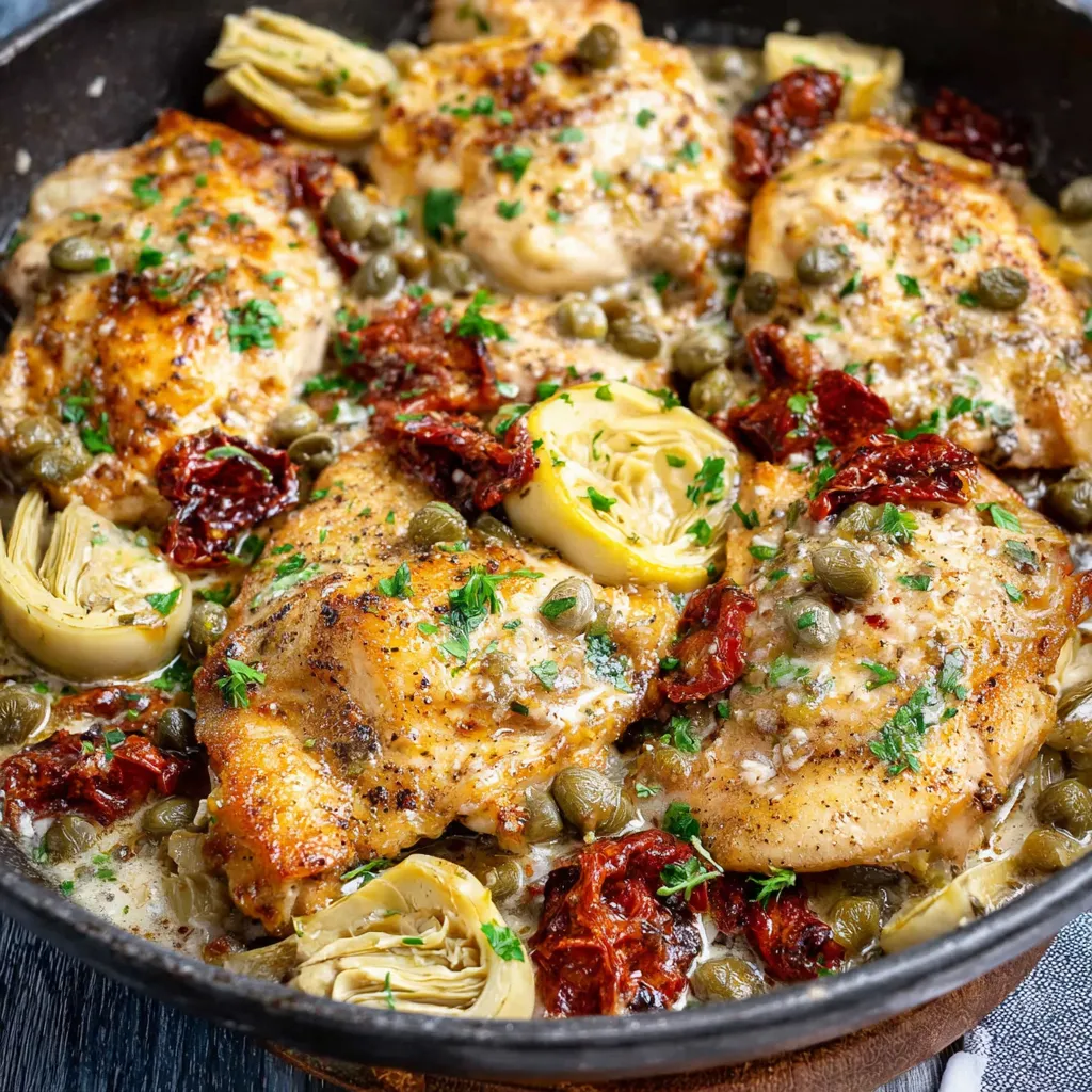 A pan of chicken with vegetables.