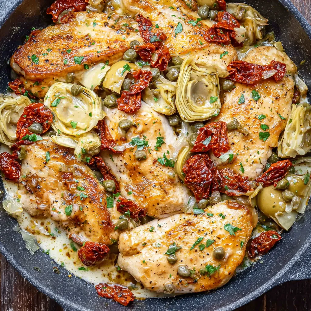 A pan of chicken with vegetables.