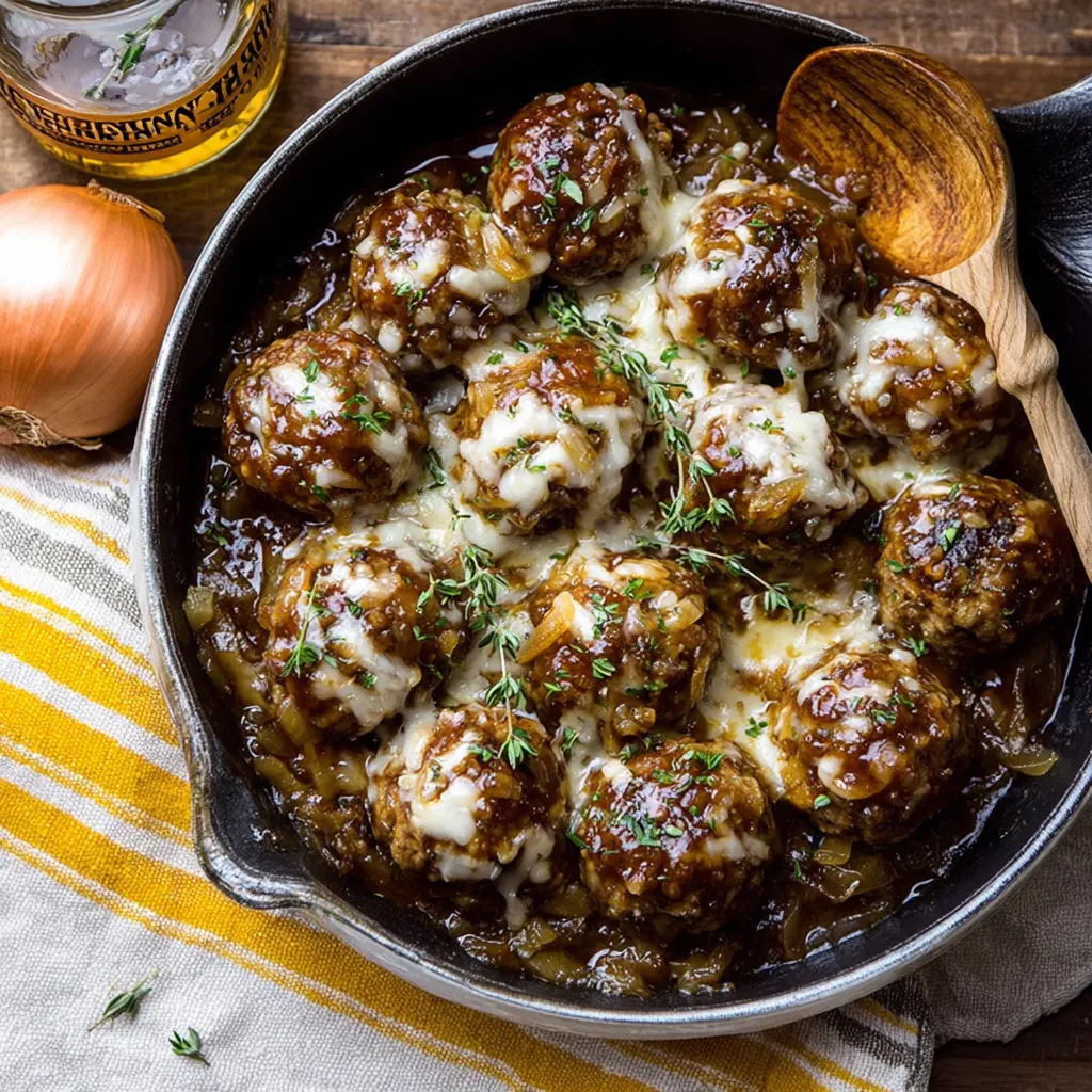 A pan of meatballs with cheese and onions.