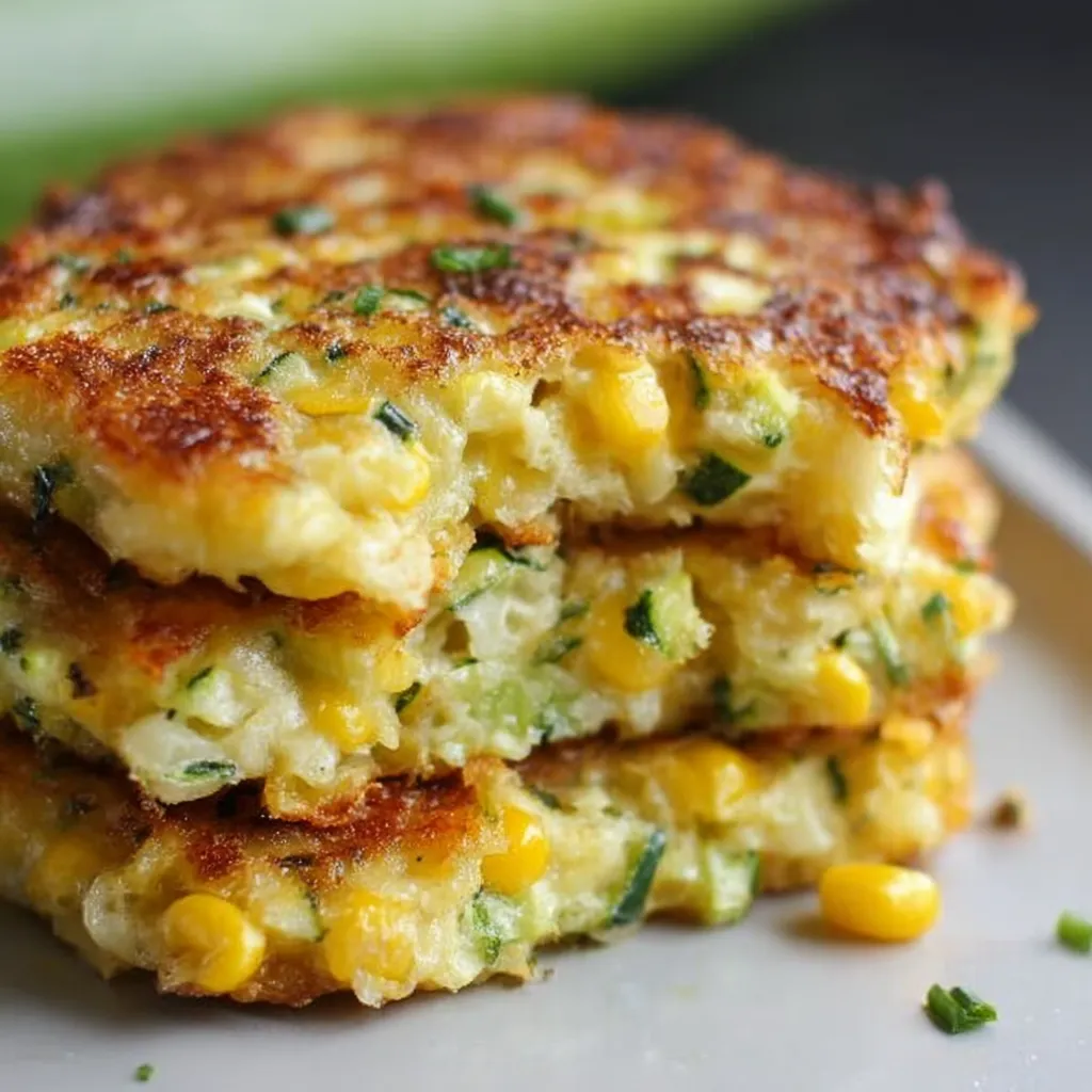 A stack of three pancakes with corn on top.