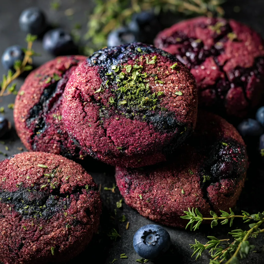 A stack of purple cookies with blueberries on top.