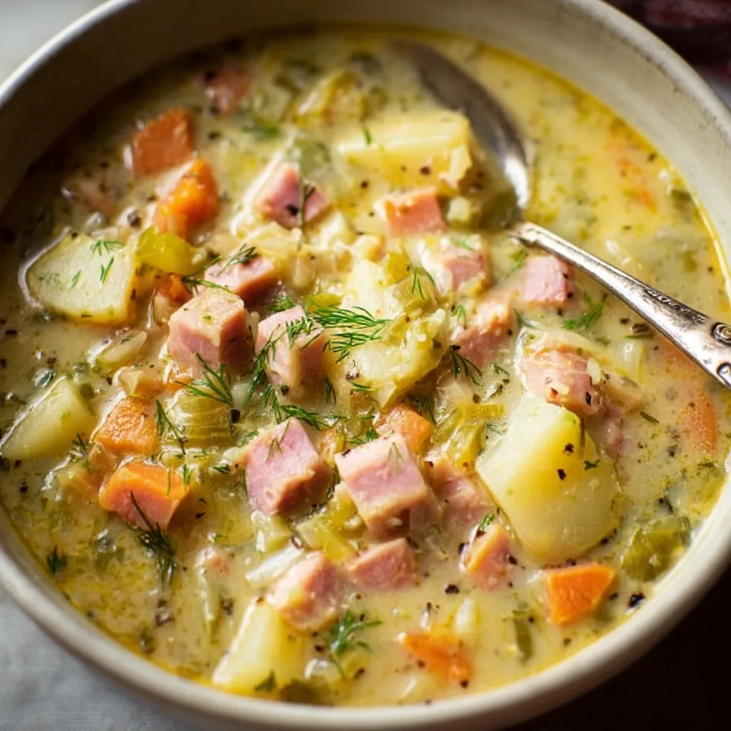 A bowl of soup with meat and vegetables.