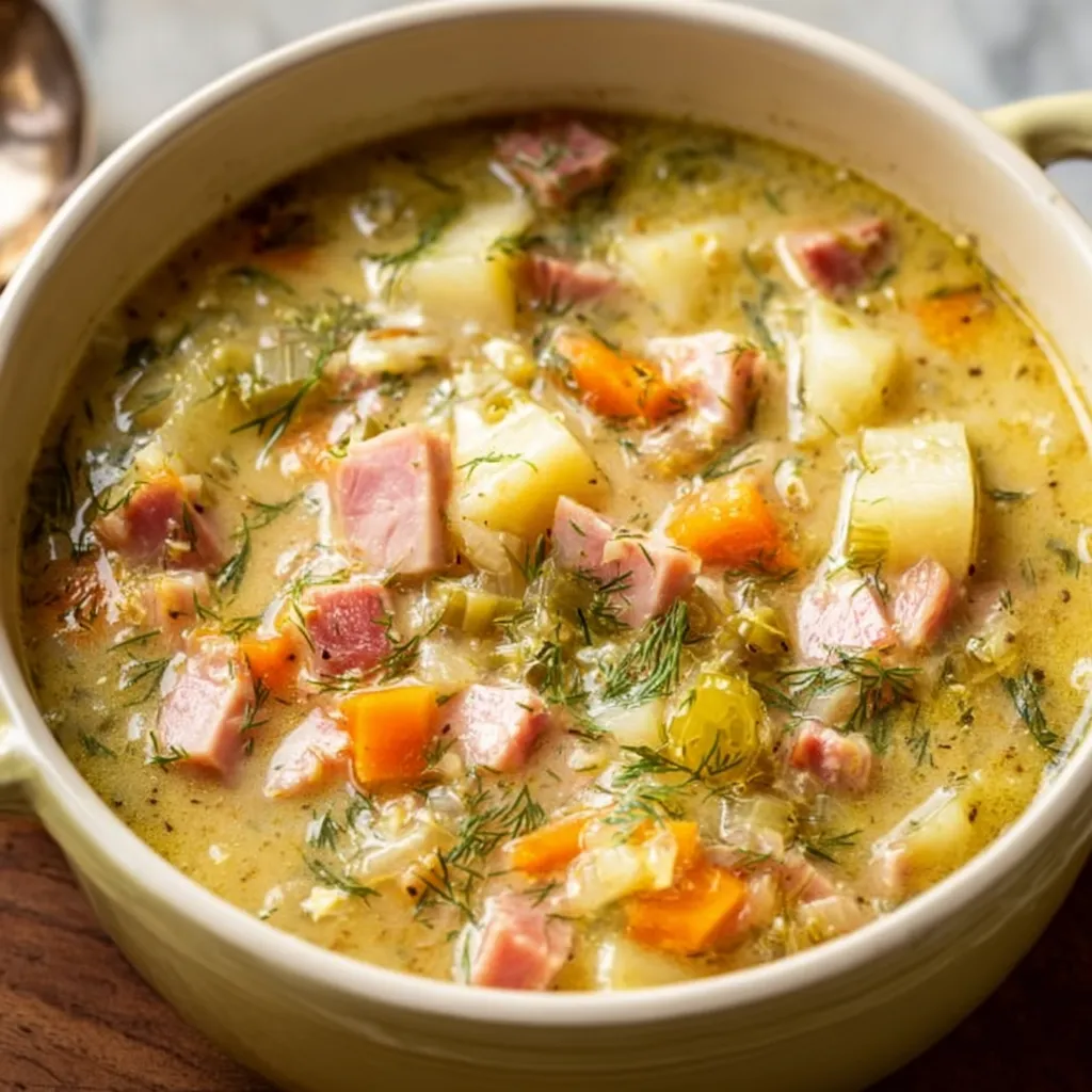 A bowl of soup with meat and vegetables.