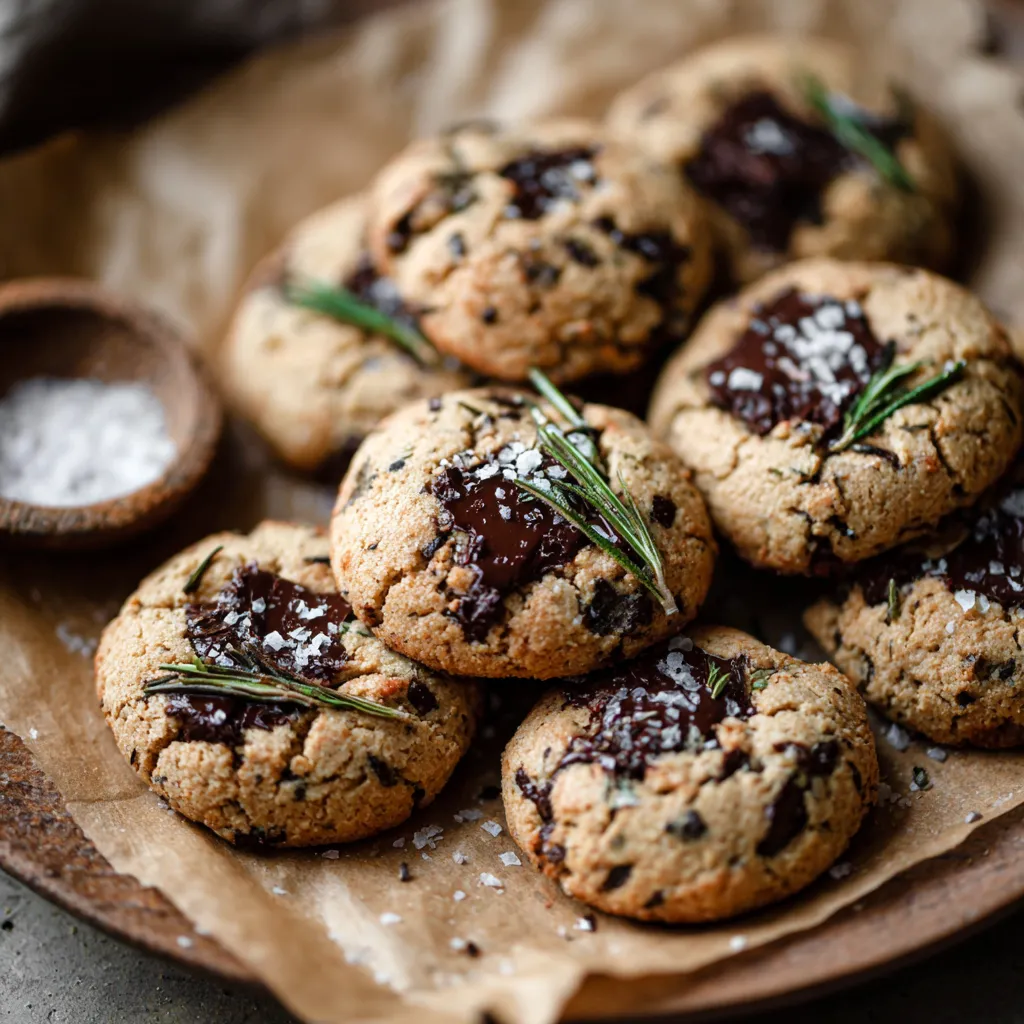 A plate of chocolate chip cookies with sprigs of mint on top.