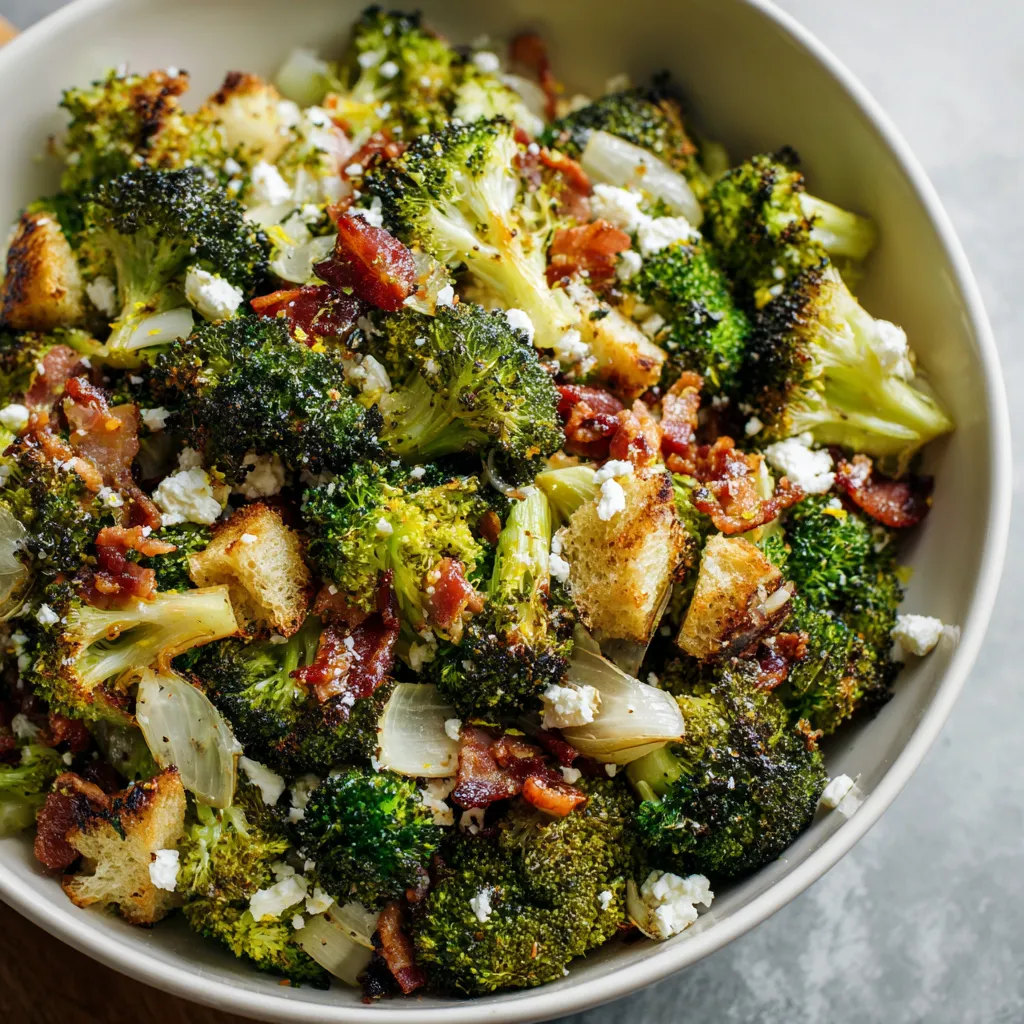 A bowl of broccoli with bacon and cheese.