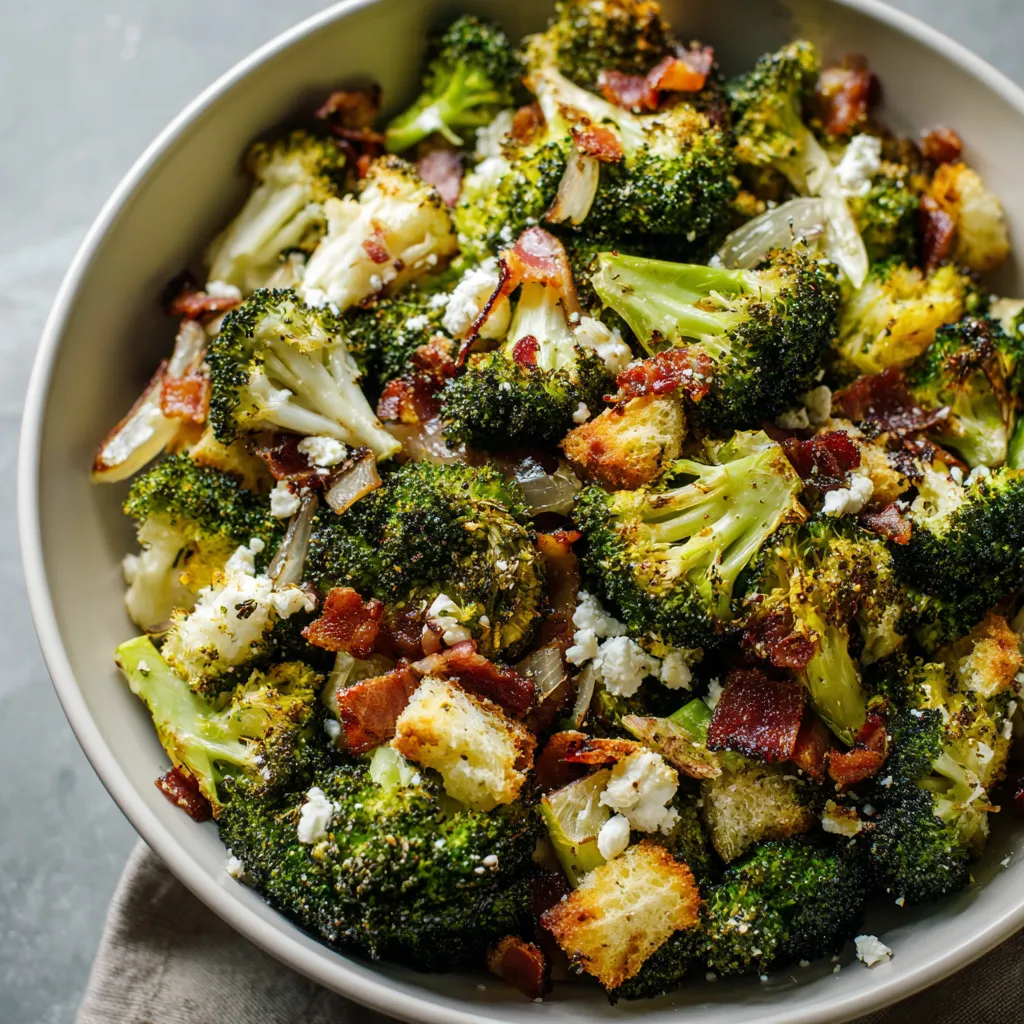 A bowl of broccoli with bacon and cheese.
