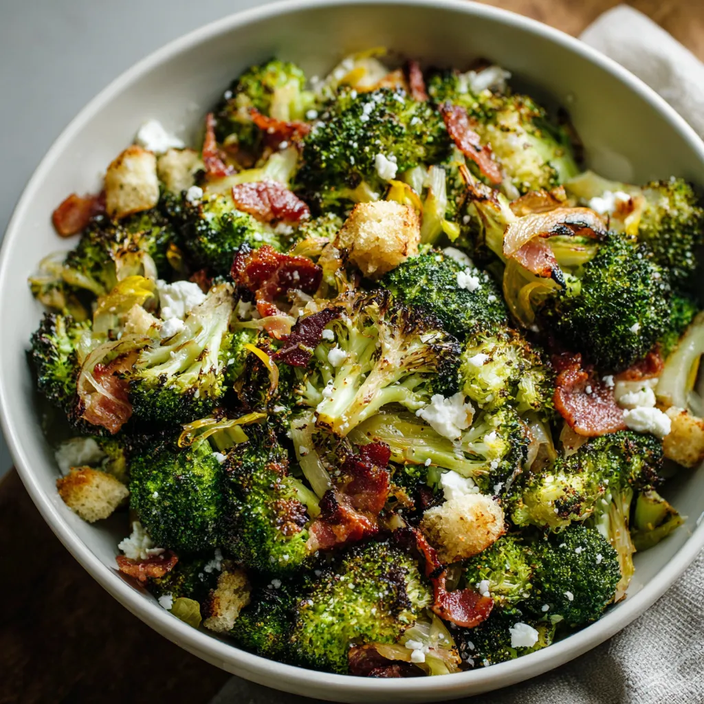 A bowl of broccoli with bacon and cheese.