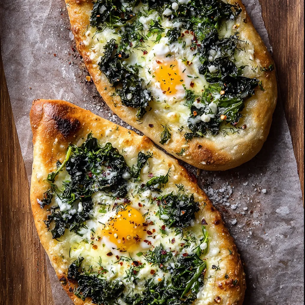 Two pieces of pizza with eggs and spinach.